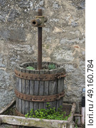 Close-up rusted steel pipe in a wooden planter, Badiaccia a Montemuro, Radda in Chianti, Tuscany, Italy. Стоковое фото, агентство Ingram Publishing / Фотобанк Лори
