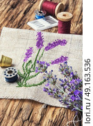 Lavender bouquet embroidery. Embroidery bouquet of lavender and tools of needlework. Стоковое фото, агентство Ingram Publishing / Фотобанк Лори