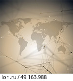 Global network connections, geometric design, technology digital concept. Abstract futuristic background with connecting lines and dots, polygonal linear texture. World map.. Abstract futuristic background with connecting lines and dots, polygonal linear texture. World map. Global network connections, geometric design, technology digital concept. Стоковая иллюстрация, агентство Ingram Publishing / Фотобанк Лори