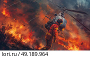 A man in a firefighter suit stands ready in front of a helicopter, prepared for emergency response or rescue mission. Стоковое AI-изображение, AI-художник Данила Большаков / Фотобанк Лори
