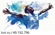 A painting depicting a man standing with his arms outstretched in a gesture of openness and vulnerability. Стоковое AI-изображение, AI-художник Данила Большаков / Фотобанк Лори