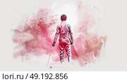 Artistically rendered fencer stands in full gear, holding dual foils, facing an abstract red and white background, suggesting readiness and focus. Стоковое AI-изображение, AI-художник Данила Большаков / Фотобанк Лори