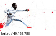 A male athlete in fencing gear lunges forward with a sword, showcasing skill and agility in an indoor competitive match. Стоковое AI-изображение, AI-художник Данила Большаков / Фотобанк Лори
