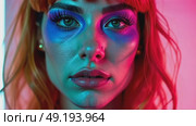 A close-up of a woman with vibrant, colorful makeup and color hair, her intense gaze directed at the camera, bright pink, magenta, yellow, blue, red laser neon lights flashes in the background. Стоковое AI-видео, аниматор Sergey Grishin / Фотобанк Лори