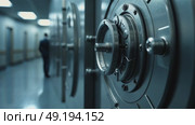 A close-up of a bank vault armored door. The background shows blurred figures of empty space. Professional security service, prevention of robbery and unauthorized access. Стоковое AI-видео, аниматор Sergey Grishin / Фотобанк Лори