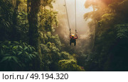 A person is hanging from a rope in the dense jungle, showing a risky and precarious situation. Стоковое AI-изображение, AI-художник Данила Большаков / Фотобанк Лори