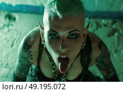 A woman with vibrant green hair and multiple piercings contorts her face in an expressive manner. Стоковое AI-изображение, AI-художник Данила Большаков / Фотобанк Лори