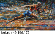 A painting depicting a man sprinting on a track with intense focus and speed. Стоковое AI-изображение, AI-художник Данила Большаков / Фотобанк Лори
