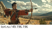 A man stands in a field, bow in hand, aiming an arrow at a distant target with focused determination. Стоковое AI-изображение, AI-художник Данила Большаков / Фотобанк Лори