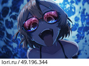 A woman wearing red glasses with a surprised expression on her face. Стоковое AI-изображение, AI-художник Данила Большаков / Фотобанк Лори