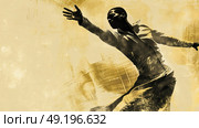 A dancer in flowing attire extends their arm gracefully, poised against a textured yellow background, capturing the essence of expressive modern dance. Стоковое AI-изображение, AI-художник Данила Большаков / Фотобанк Лори
