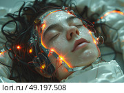 Futuristic human subject with cybernetic enhancements resting amid glowing electronic circuits and wires. Стоковое AI-изображение, AI-художник Климов Денис / Фотобанк Лори
