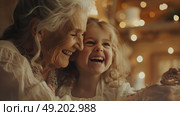 An older woman and a young girl sharing a moment of laughter and joy together. Стоковое AI-изображение, AI-художник Данила Большаков / Фотобанк Лори