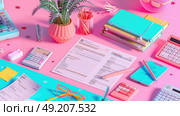 Brightly colored office desk is filled with notebooks, pens, calculators and documents. lively setup includes pink, teal and yellow accents. Стоковое AI-изображение, AI-художник Данила Большаков / Фотобанк Лори