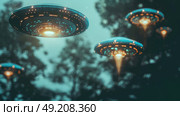 Three brightly illuminated UFOs float silently above a forested area during dusk, emitting distinct light patterns and beams towards the ground. Стоковое AI-изображение, AI-художник Данила Большаков / Фотобанк Лори