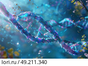 A vividly detailed representation of DNA strands intertwined, set within a colorful, nature-rich forest environment illuminated by daylight. The scene evokes a sense of harmony between science and nature. Стоковое AI-изображение, AI-художник Данила Большаков / Фотобанк Лори