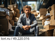 Sad suited man sits on the ground, surrounded by cardboard boxes, appearing contemplative or worried. Стоковое AI-изображение, AI-художник Данила Большаков / Фотобанк Лори