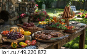 A rustic wooden table laden with grilled meats, fresh fruits, and vegetables offers a sumptuous spread for an outdoor summer gathering. Стоковое AI-изображение, AI-художник Данила Большаков / Фотобанк Лори