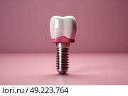 A pink and white dental implant placed on a matching pink background, showcasing the medical procedure and dental innovation. Стоковое AI-изображение, AI-художник Данила Большаков / Фотобанк Лори