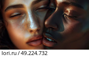 A detailed view of one individual kissing another passionately, showcasing intimacy and affection between two people. Стоковое AI-изображение, AI-художник Данила Большаков / Фотобанк Лори