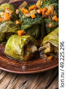 cabbage rolls with vegetable. Ukrainian vegetable dietary cabbage rolls in leaf of savoy cabbage. Стоковое фото, агентство Ingram Publishing / Фотобанк Лори