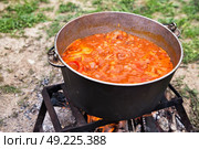 Tasty Hungarian goulash soup bograch with paprika and beef meat. Traditional cooking in the nature. Cauldron on fire. Стоковое фото, агентство Ingram Publishing / Фотобанк Лори