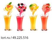 Set of fruit juice splash in a glass. Strawberry, peach, raspberry, mango, blackberry and guava. Vector. Стоковая иллюстрация, агентство Ingram Publishing / Фотобанк Лори