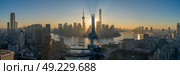 Shanghai Skyline and Huangpu River at Sunrise. Lujiazui District. Panoramic Aerial View. (2018 год). Стоковое фото, фотограф Максим Забаровский / Фотобанк Лори