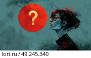 An illustration of a woman wearing glasses and looking confused, with a question mark hovering above her head. Стоковое AI-изображение, AI-художник Данила Большаков / Фотобанк Лори