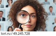 A woman is holding a magnifying glass up to her face. Стоковое AI-изображение, AI-художник Ярославский Максим / Фотобанк Лори
