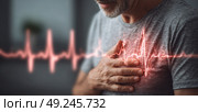 A man is holding his chest and has a red line on his shirt. Стоковое AI-изображение, AI-художник Ярославский Максим / Фотобанк Лори