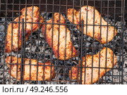 Succulent grilled chicken breasts sizzle over hot coals, evoking summer barbecues. Стоковое фото, фотограф Светлана Акифьева / Фотобанк Лори