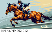 A skilled equestrian rider and horse leap over a hurdle during a high-stakes show jumping competition, with a dramatic sunset illuminating the background. Стоковое AI-изображение, AI-художник Данила Большаков / Фотобанк Лори