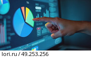 Modern futuristic hi-tech business financial interface. A hand points to a digital pie chart with multicolored segments on a blue virtual background, depicting data analysis, frontal view. Стоковое AI-видео, аниматор Sergey Grishin / Фотобанк Лори