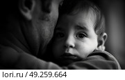 A black and white photo of a man lovingly holding a baby in his arms. Стоковое AI-изображение, AI-художник Данила Большаков / Фотобанк Лори