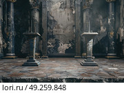 Aancient hall features tall, weathered pillars and chipped stone altars against cracked, deteriorating walls, giving a glimpse into a bygone era bathed in soft daylight. Стоковое AI-изображение, AI-художник Данила Большаков / Фотобанк Лори