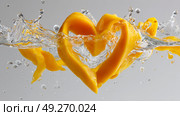 Heart-shaped mango slices splashed in water with dynamic motion and clarity. Стоковое AI-изображение, AI-художник Olga Didraga / Фотобанк Лори