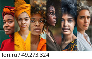 A collage displaying a group of women showcasing a range of diverse hairstyles, from short pixie cuts to long flowing locks, highlighting hair diversity. Стоковое AI-изображение, AI-художник Данила Большаков / Фотобанк Лори