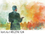 A man in a suit is standing in front of a large crowd of people, appearing poised and confident. Стоковое AI-изображение, AI-художник Данила Большаков / Фотобанк Лори