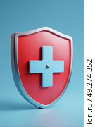 Shield With a Red Background and a Blue Cross Against a Light Blue Backdrop Emphasizes Health and Safety. Стоковое AI-изображение, AI-художник Юлия Гапеенко / Фотобанк Лори