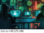 Several individuals grouped together at a computer desk, looking at a computer screen with a lock symbol displayed. Стоковое AI-изображение, AI-художник Данила Большаков / Фотобанк Лори