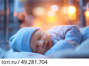 A baby is sleeping in a blue hat and blue shirt. Стоковое AI-изображение, AI-художник Ярославский Максим / Фотобанк Лори