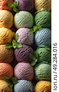Colorful Assortment of Ice Cream Scoops Arranged Aesthetically With Mint Leaves. Стоковое AI-изображение, AI-художник Юлия Гапеенко / Фотобанк Лори