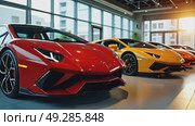 Luxury Sports Cars Displayed in Modern Showroom During Sunset. Стоковое AI-видео, аниматор Оксана Медведева / Фотобанк Лори
