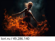 A woman wearing a dress is on fire, flames consuming her clothing as she stands in distress. Стоковое AI-изображение, AI-художник Данила Большаков / Фотобанк Лори