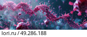 Digital rendering of pink DNA helixes amidst a backdrop of scientific research. Стоковое AI-изображение, AI-художник Данила Большаков / Фотобанк Лори