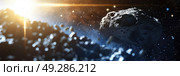 Artists interpretation of a comet streaking through the vast emptiness of space, leaving a blazing trail behind it. Стоковое AI-изображение, AI-художник Данила Большаков / Фотобанк Лори