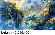 A painting displaying a bridge spanning over a cascading waterfall in a natural setting. Стоковое AI-изображение, AI-художник Данила Большаков / Фотобанк Лори