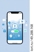 Смартфон с отображением приложения безопасности и иконками, представляющими функции защиты. Стоковое AI-изображение, AI-художник Елена Болотина / Фотобанк Лори