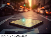 A modern cell phone lying abandoned on the side of a busy road, potentially misplaced or dropped by its owner while passing through. Стоковое AI-изображение, AI-художник Данила Большаков / Фотобанк Лори
